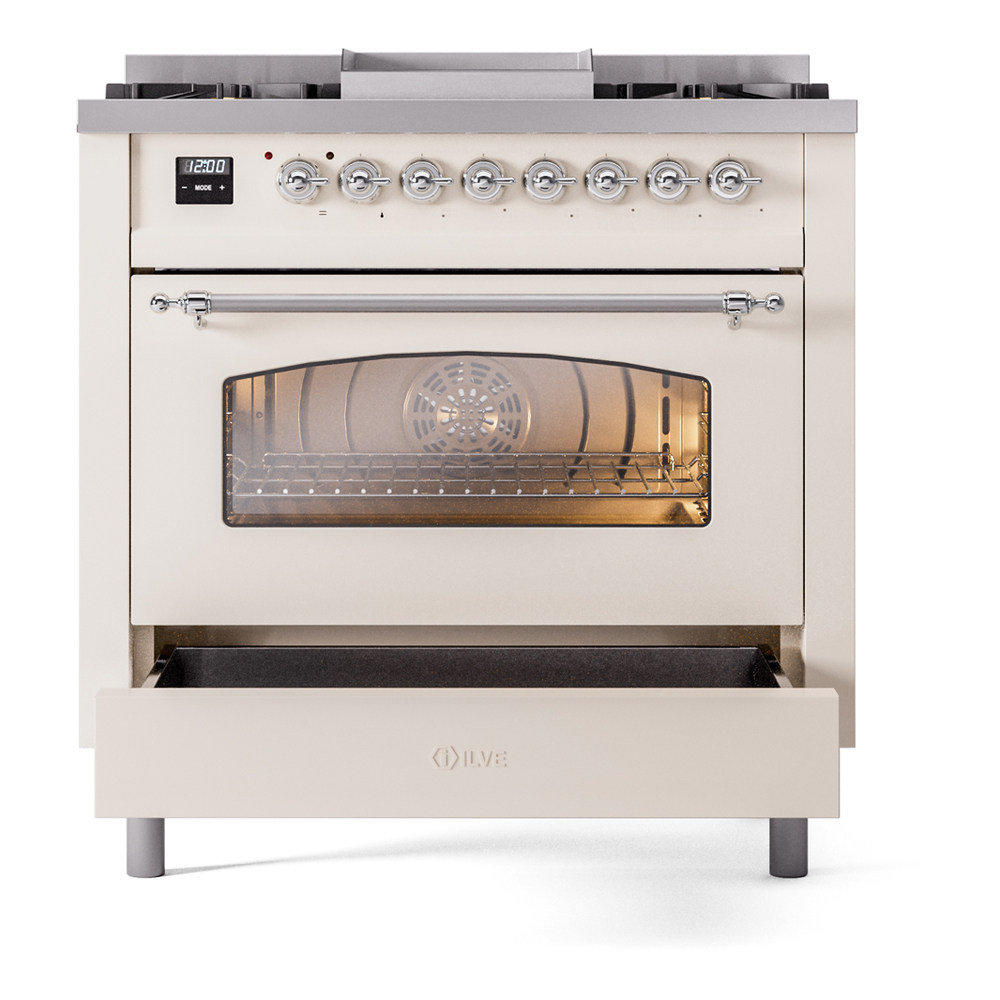 ILVE Nostalgie II 36" UP36FNMPAWCLP Dual Fuel Range drawer opened
