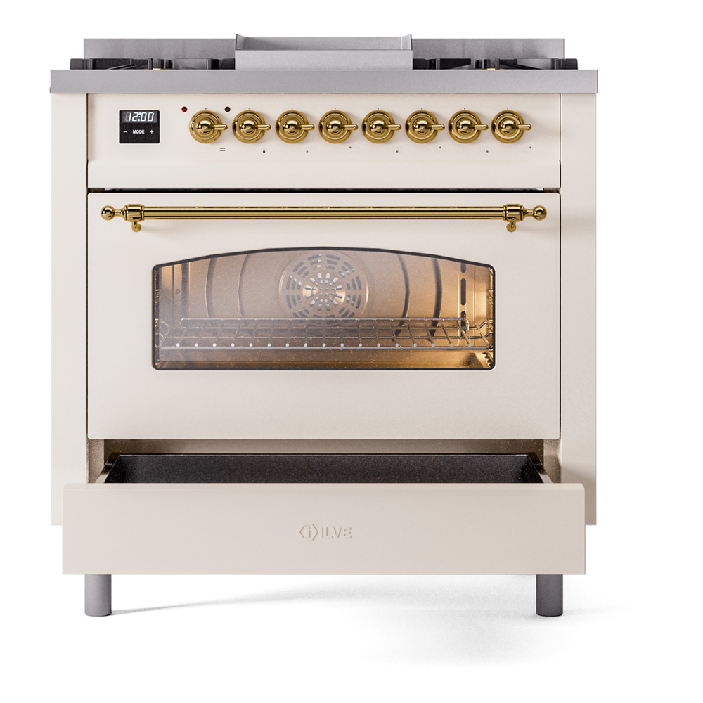 ILVE Nostalgie II 36" UP36FNMPAWGLP Dual Fuel Range drawer opened