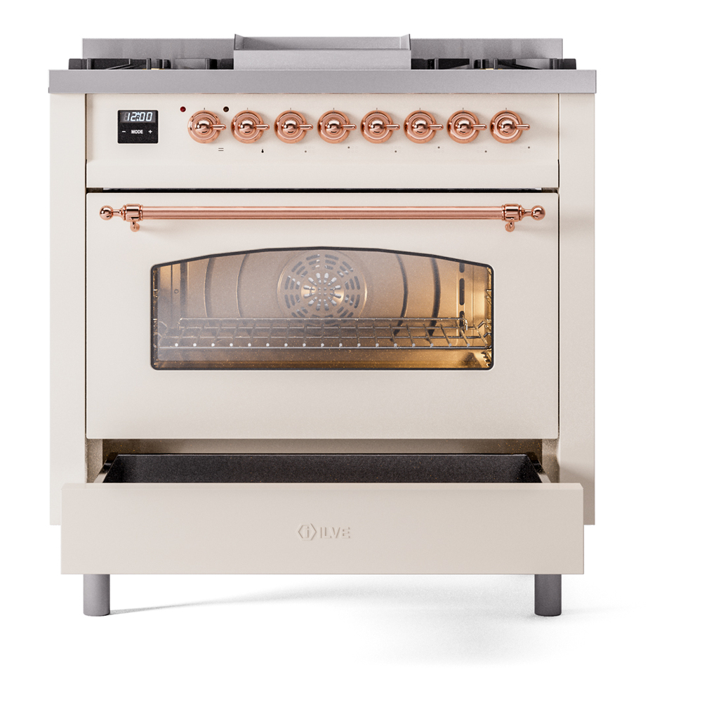 ILVE Nostalgie II 36" UP36FNMPAWPLP Dual Fuel Range drawer opened