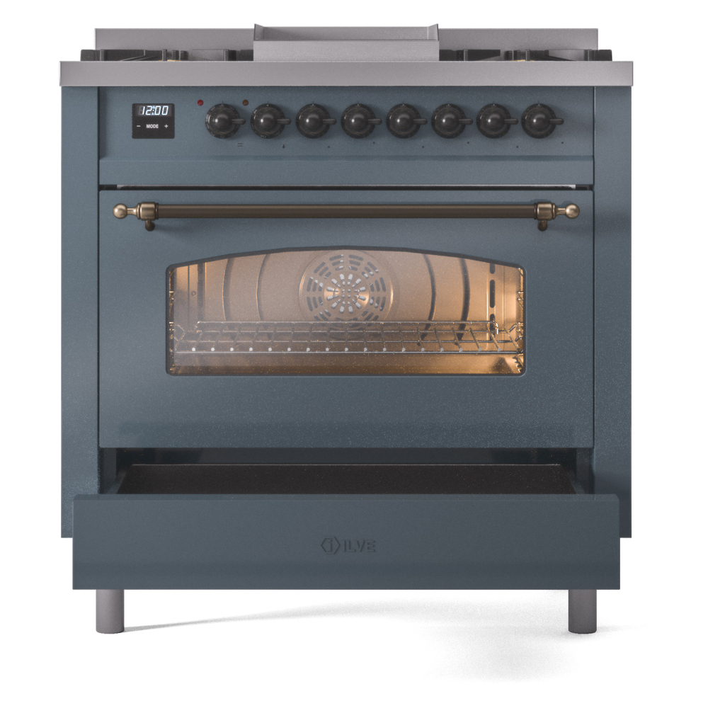 ILVE Nostalgie II 36" UP36FNMPBGBLP Dual Fuel Range drawer opened