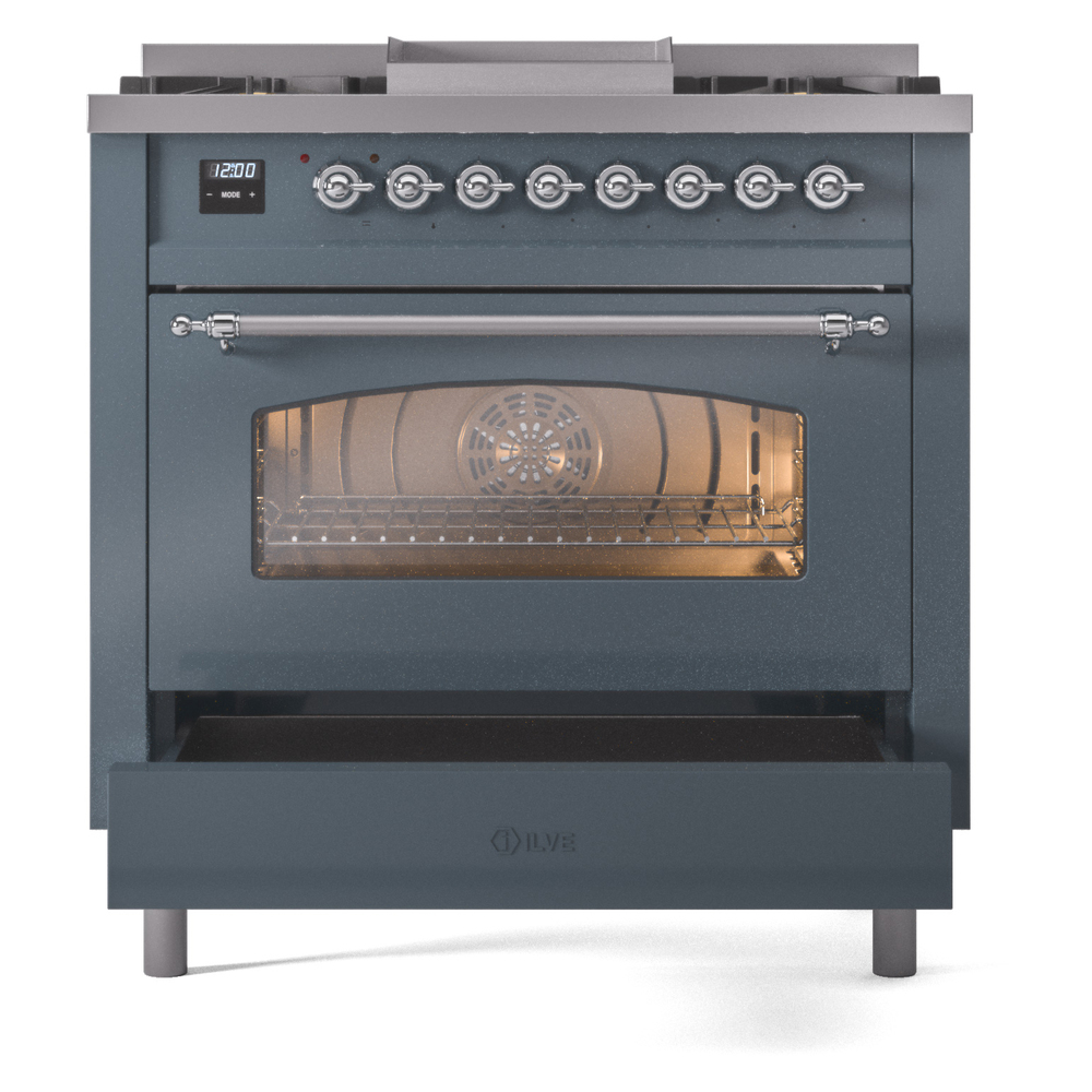 ILVE Nostalgie II 36" UP36FNMPBGCLP Dual Fuel Range drawer opened