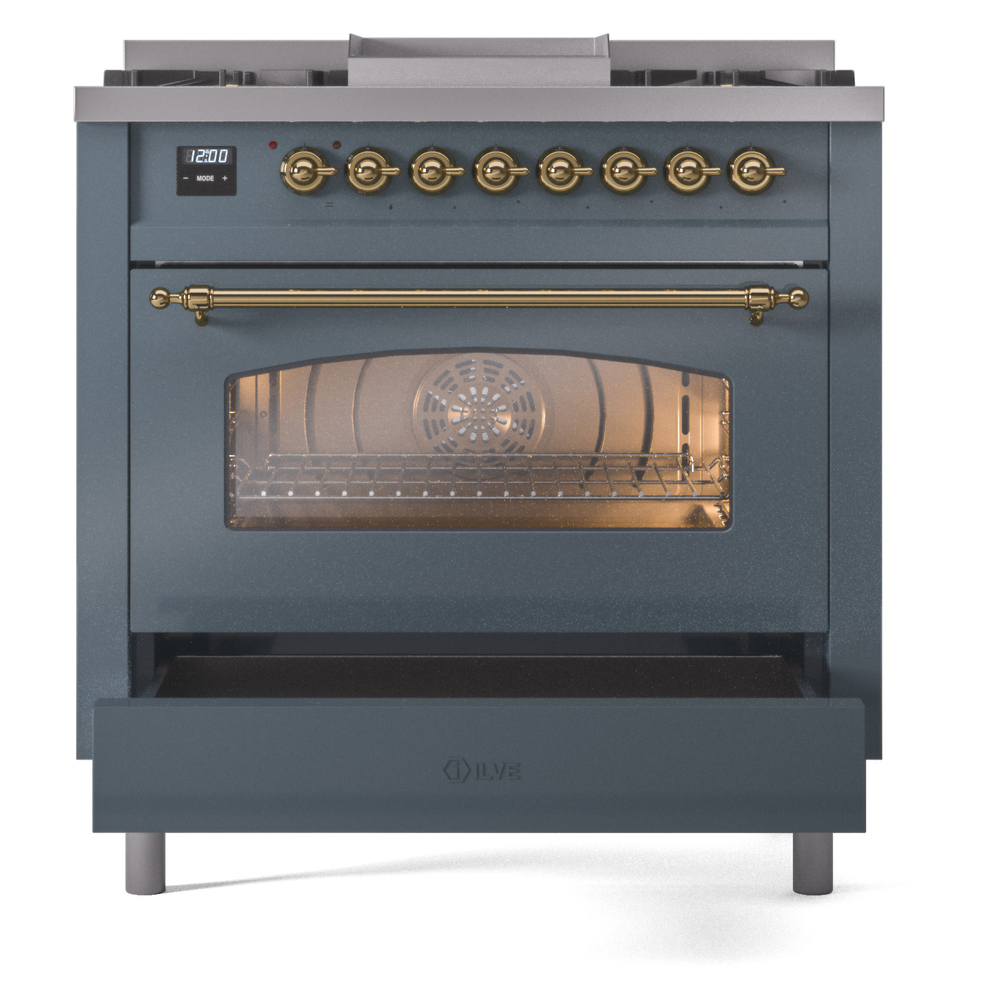 ILVE Nostalgie II 36" UP36FNMPBGGLP Dual Fuel Range drawer opened