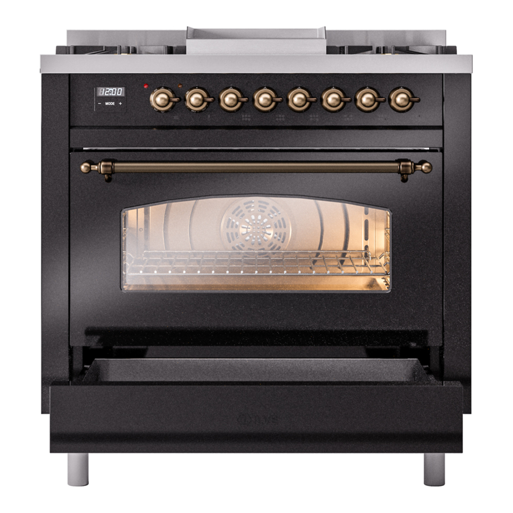 ILVE Nostalgie II 36" UP36FNMPBKB Dual Fuel Range drawer opened
