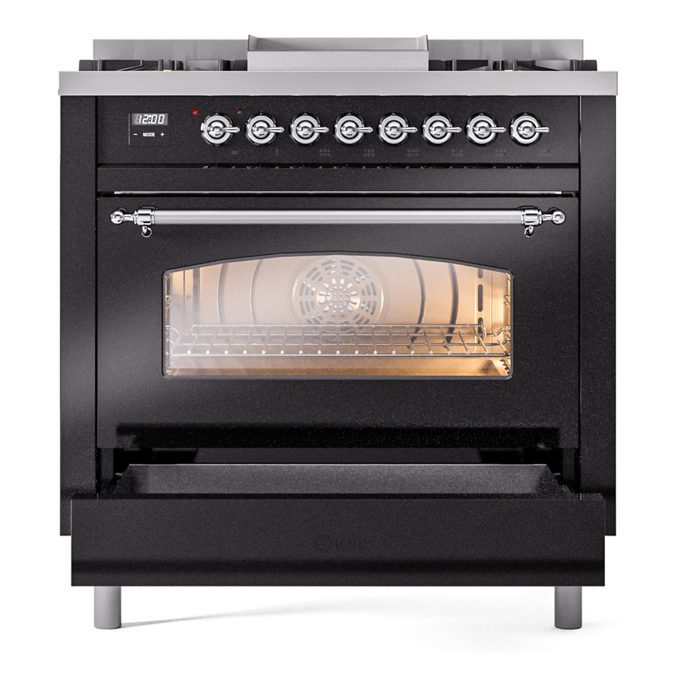 ILVE Nostalgie II 36" UP36FNMPBKC Dual Fuel Range drawer opened