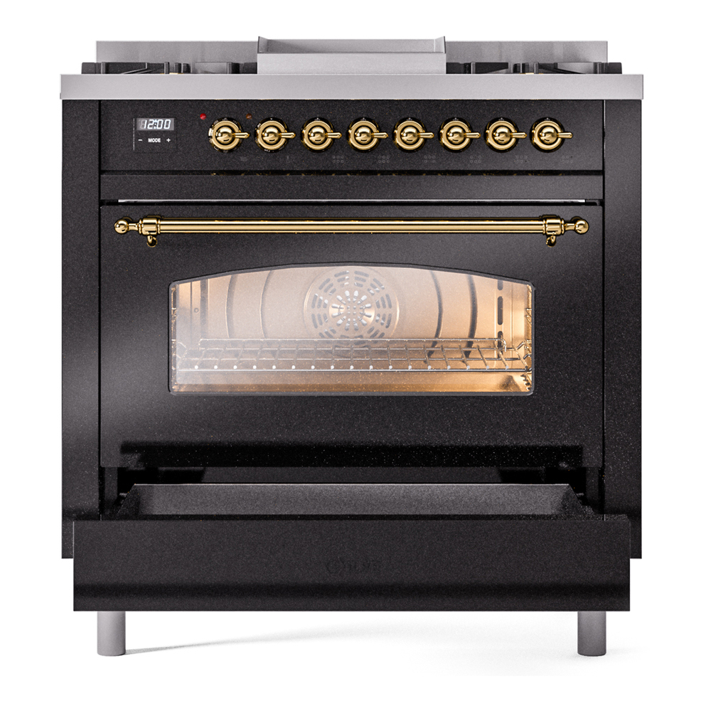 ILVE Nostalgie II 36" UP36FNMPBKG Dual Fuel Range drawer opened