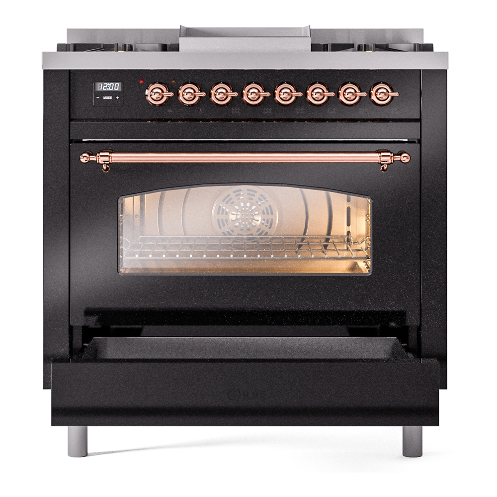 ILVE Nostalgie II 36" UP36FNMPBKPLP Dual Fuel Range drawer opened
