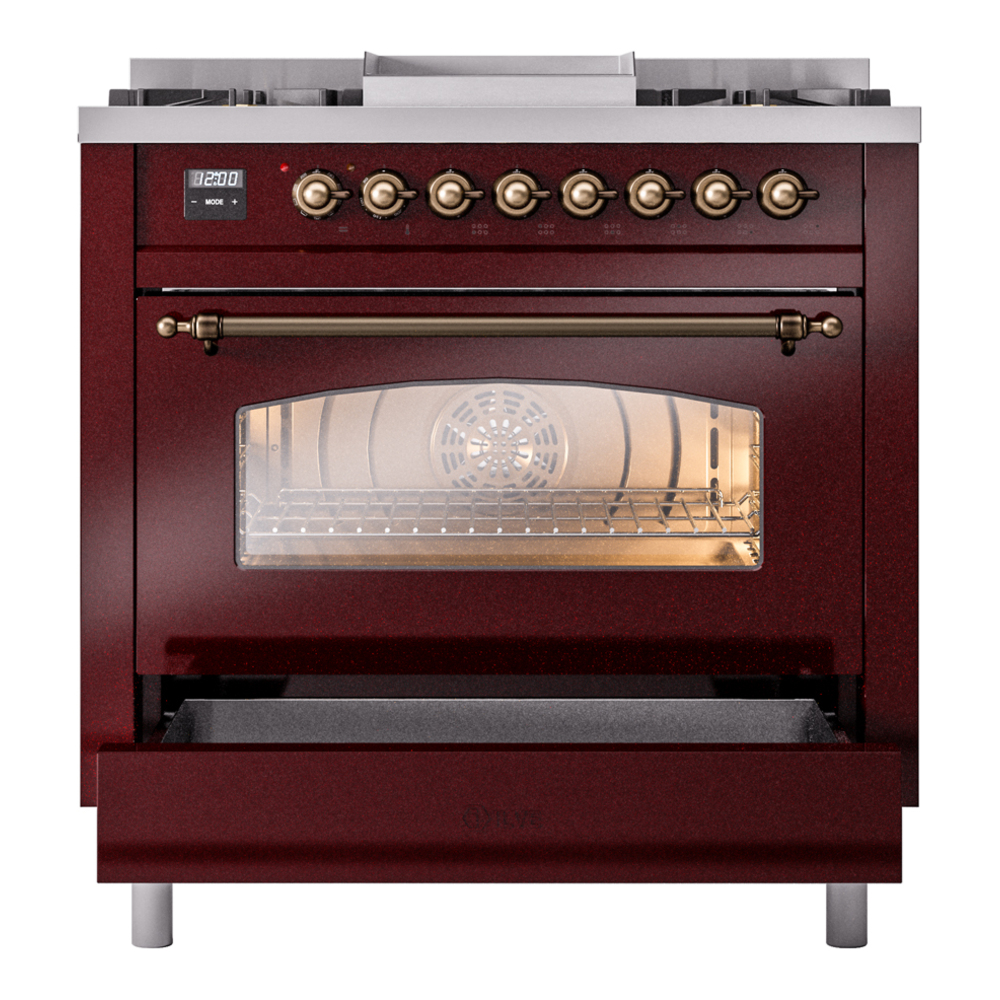 ILVE Nostalgie II 36" UP36FNMPBUBLP Dual Fuel Range drawer opened