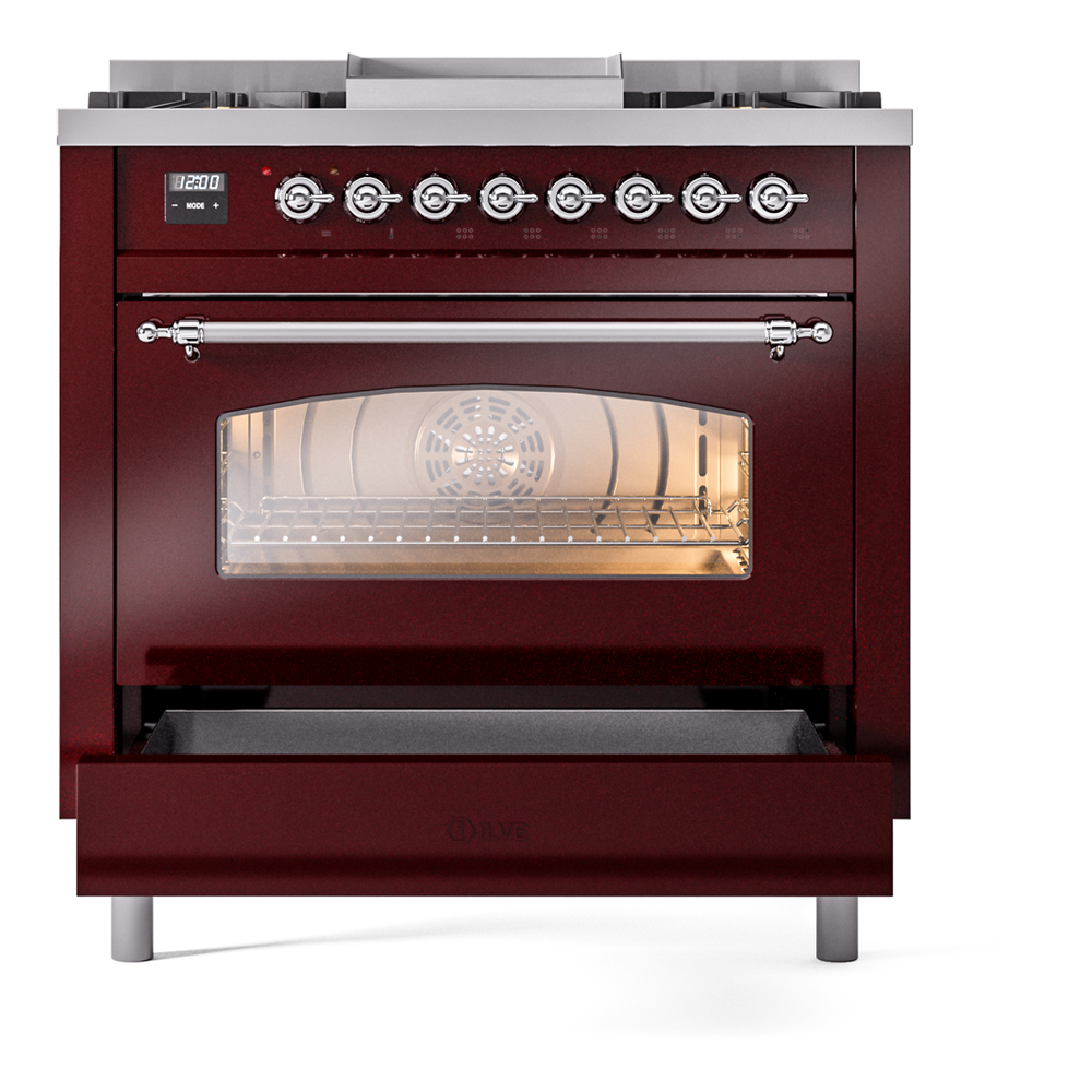 ILVE Nostalgie II 36" UP36FNMPBUCLP Dual Fuel Range drawer opened