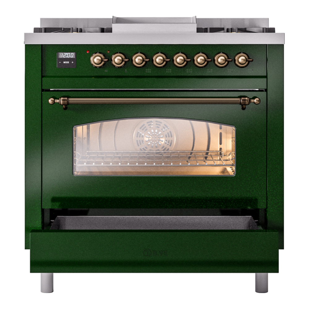 ILVE Nostalgie II 36" UP36FNMPEGBLP Dual Fuel Range drawer opened