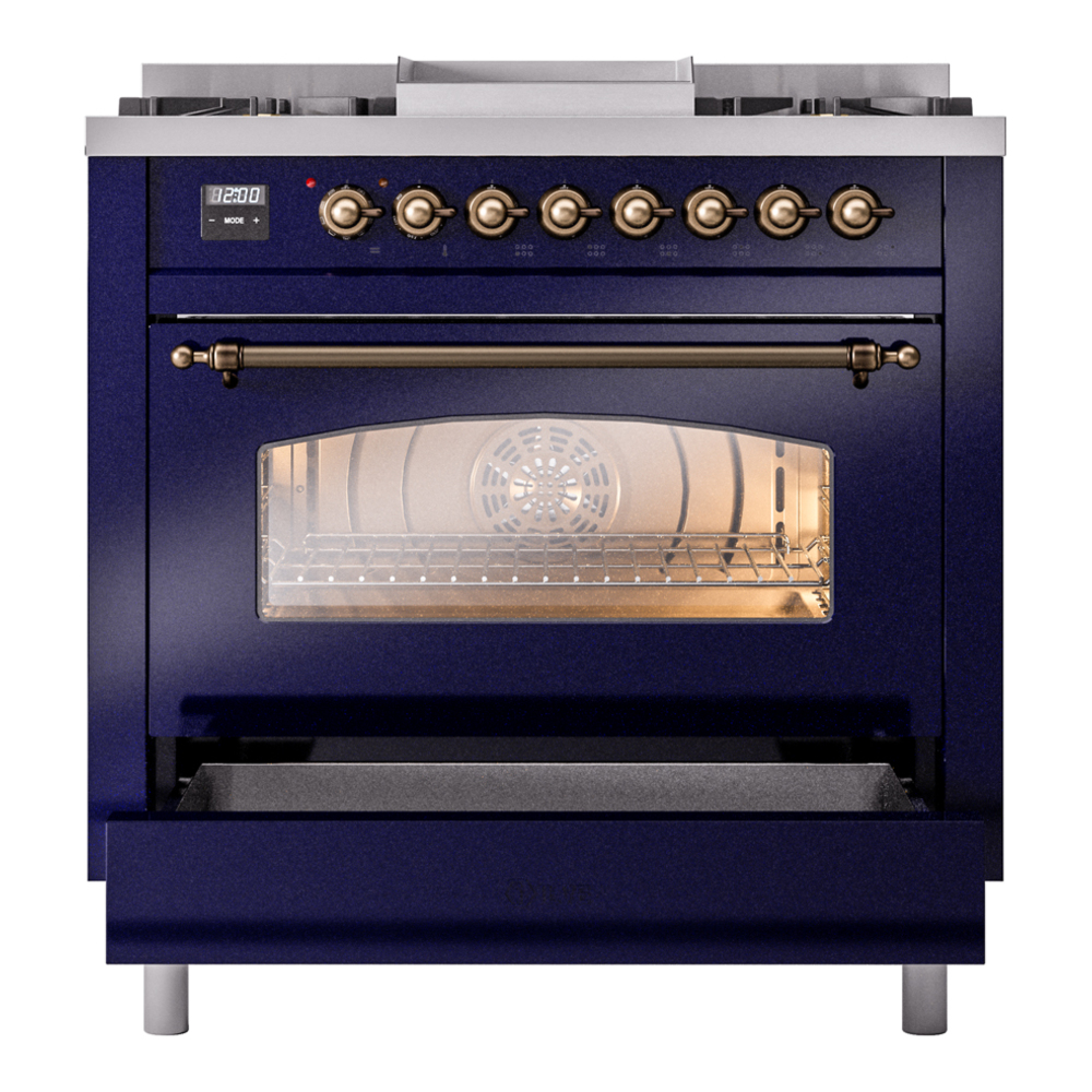 ILVE Nostalgie II 36" UP36FNMPMBB Dual Fuel Range drawer opened