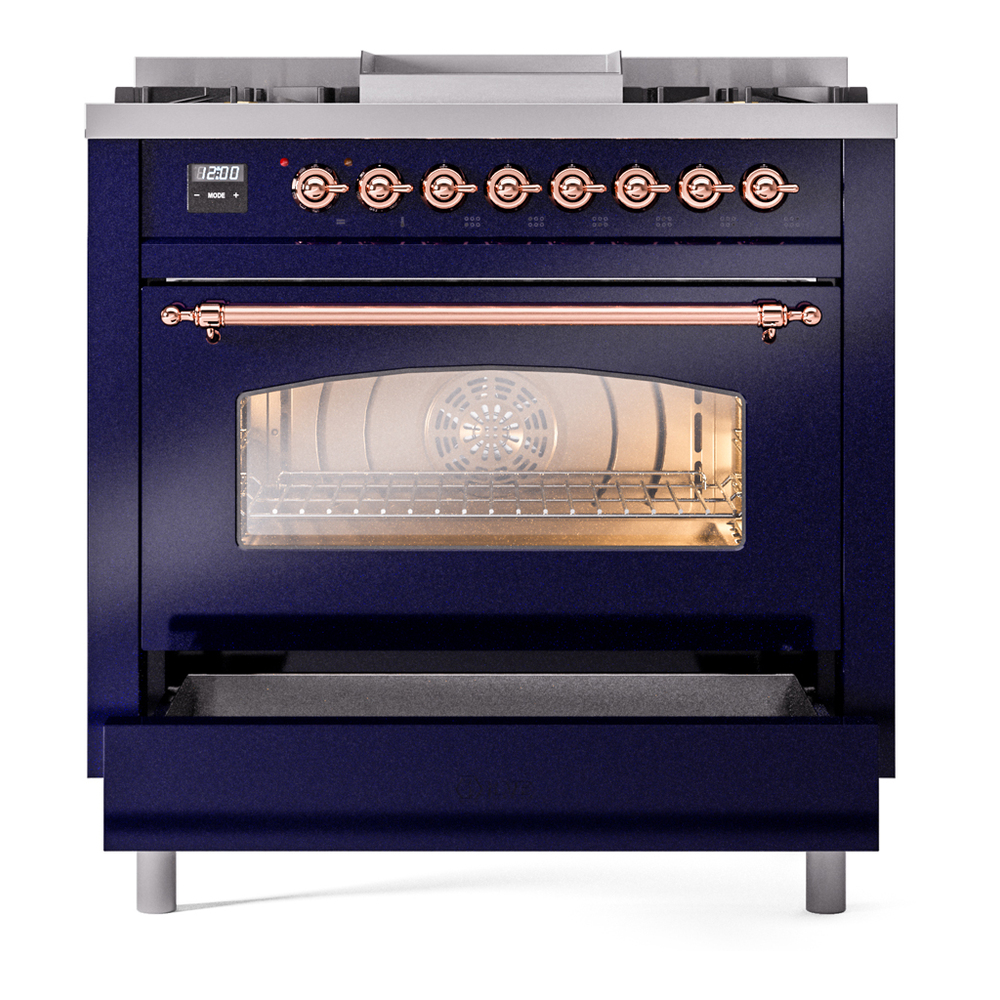 ILVE Nostalgie II 36" UP36FNMPMBPLP Dual Fuel Range drawer opened