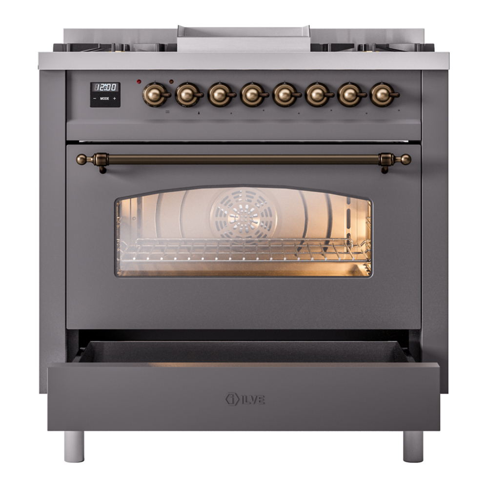 ILVE Nostalgie II 36" UP36FNMPMGBLP Dual Fuel Range drawer opened