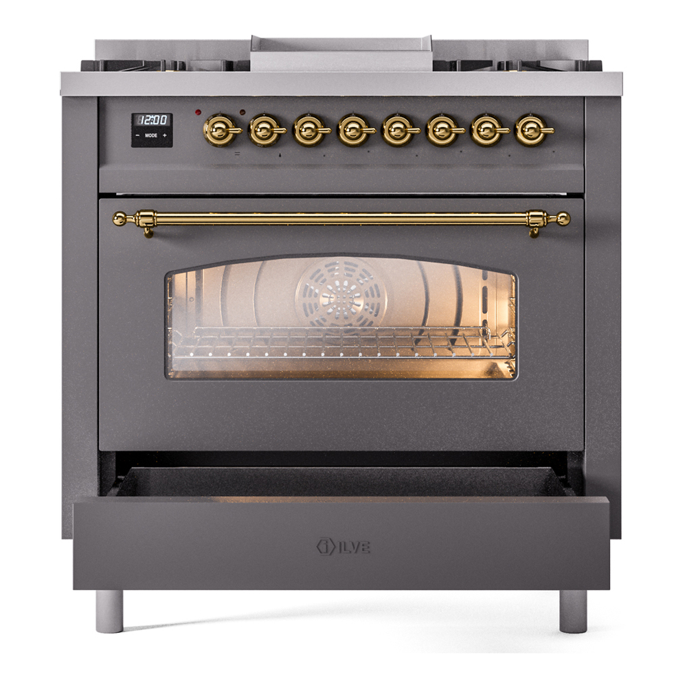ILVE Nostalgie II 36" UP36FNMPMGG Dual Fuel Range drawer opened