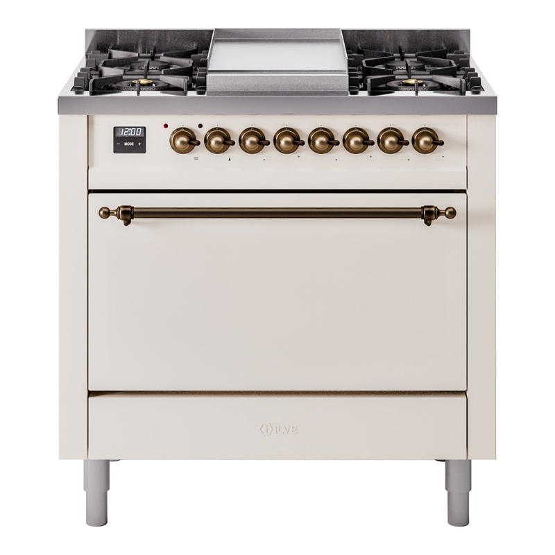 ILVE UP36FQNMPAWBLP Nostalgie II 36 inch Dual Fuel Range  (Liquid Propane, Solid Door, Antique White, Burnished)