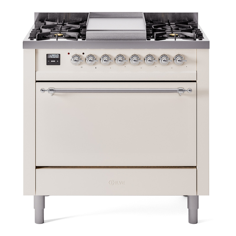 ILVE UP36FQNMPAWCLP Nostalgie II 36 inch Dual Fuel Range  (Liquid Propane, Solid Door, Antique White, Chrome)