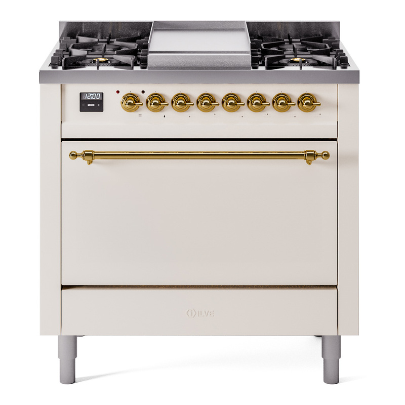 ILVE UP36FQNMPAWGLP Nostalgie II 36 inch Dual Fuel Range  (Liquid Propane, Solid Door, Antique White, Brass)