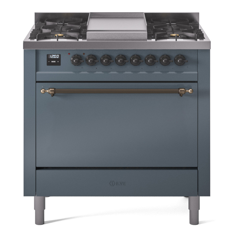 ILVE UP36FQNMPBGBLP Nostalgie II 36 inch Dual Fuel Range  (Liquid Propane, Solid Door, Blue Grey, Burnished)