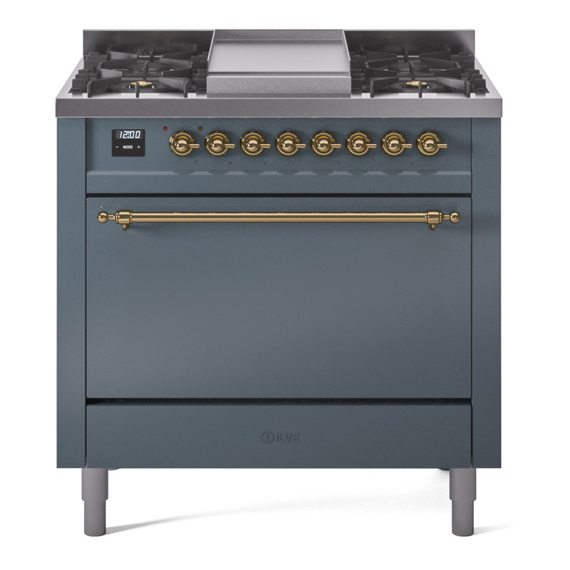 ILVE UP36FQNMPBGGLP Nostalgie II 36 inch Dual Fuel Range  (Liquid Propane, Solid Door, Blue Grey, Brass)