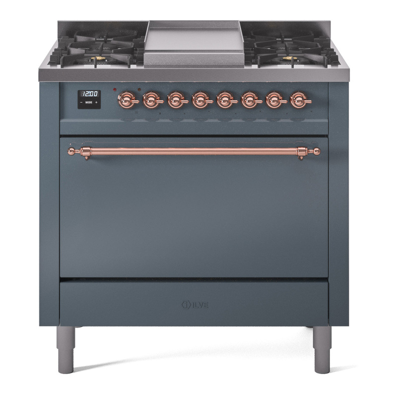 ILVE UP36FQNMPBGPLP Nostalgie II 36 inch Dual Fuel Range  (Liquid Propane, Solid Door, Blue Grey, Copper)