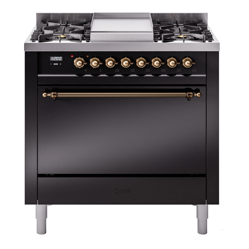 ILVE UP36FQNMPBKB Nostalgie II 36 inch Dual Fuel Range  (Natural Gas, Solid Door, Glossy Black, Burnished)