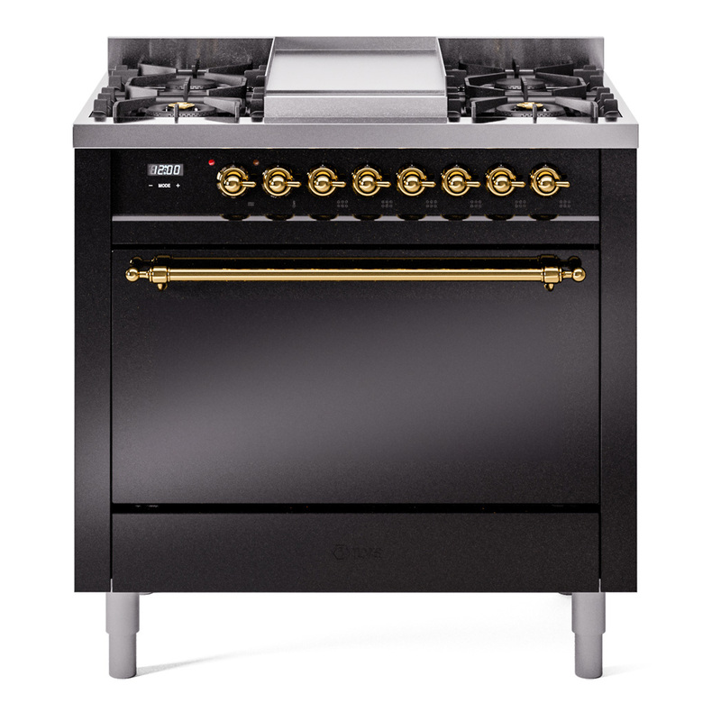 ILVE UP36FQNMPBKGLP Nostalgie II 36 inch Dual Fuel Range  (Liquid Propane, Solid Door, Glossy Black, Brass)