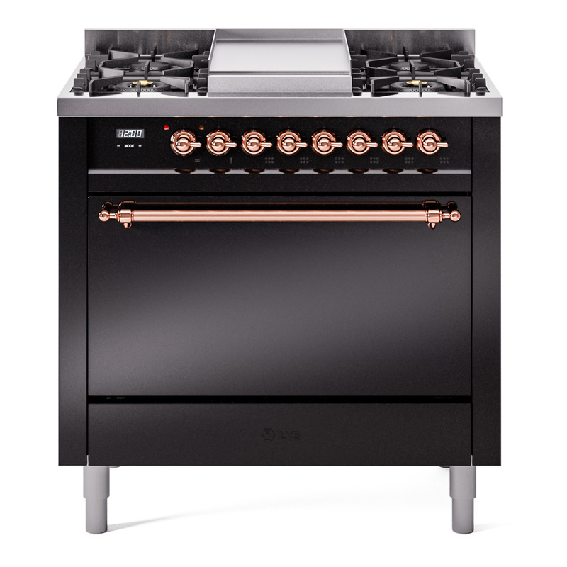 ILVE UP36FQNMPBKPLP Nostalgie II 36 inch Dual Fuel Range  (Liquid Propane, Solid Door, Glossy Black, Copper)