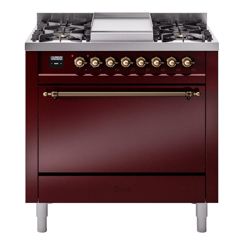 ILVE UP36FQNMPBUBLP Nostalgie II 36 inch Dual Fuel Range  (Liquid Propane, Solid Door, Burgundy, Burnished)