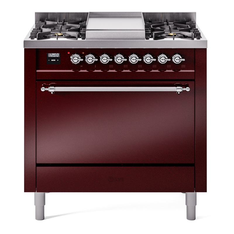 ILVE UP36FQNMPBUCLP Nostalgie II 36 inch Dual Fuel Range  (Liquid Propane, Solid Door, Burgundy, Chrome)