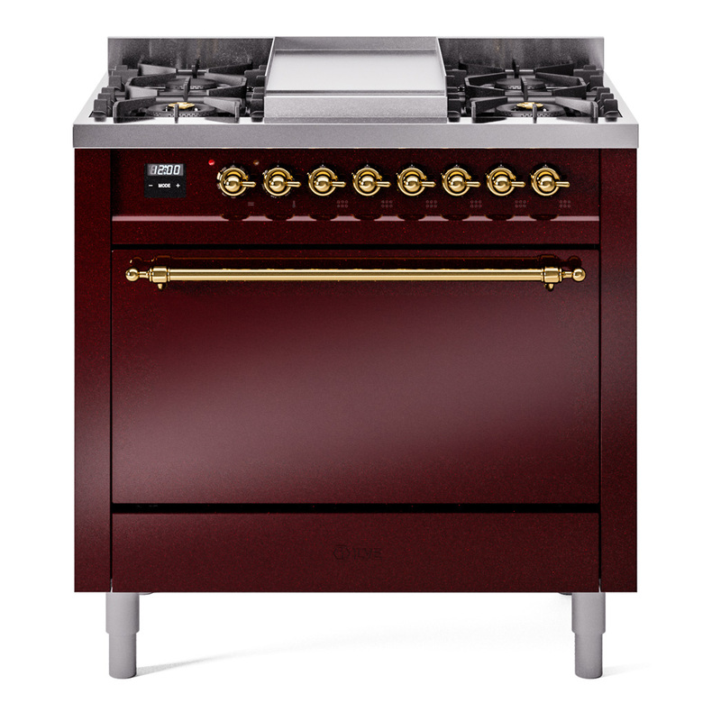 ILVE UP36FQNMPBUGLP Nostalgie II 36 inch Dual Fuel Range  (Liquid Propane, Solid Door, Burgundy, Brass)