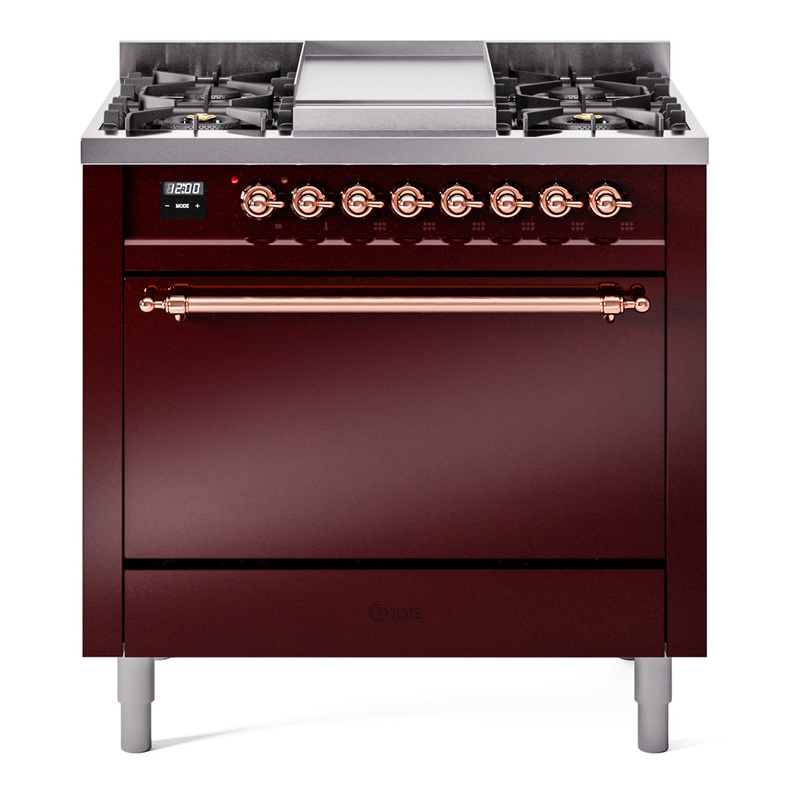 ILVE UP36FQNMPBUPLP Nostalgie II 36 inch Dual Fuel Range  (Liquid Propane, Solid Door, Burgundy, Copper)