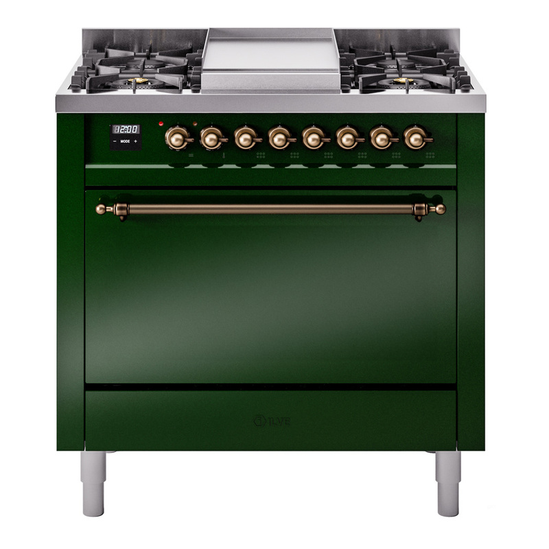 ILVE UP36FQNMPEGBLP Nostalgie II 36 inch Dual Fuel Range  (Liquid Propane, Solid Door, Emerald Green, Burnished)