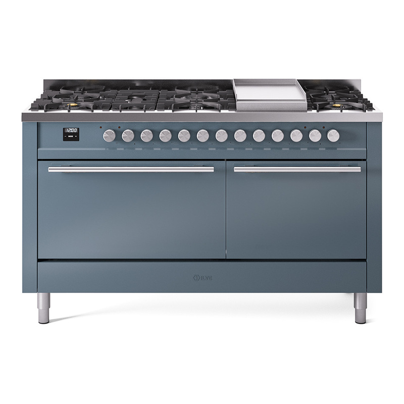 ILVE UP60FQMPBG Professional Plus II 60 inch Dual Fuel Range  (9 Sealed Burners + Griddle, Natural Gas, Solid Door, Blue Grey)