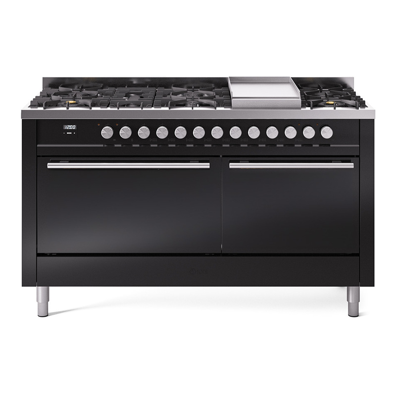 ILVE UP60FQMPBK Professional Plus II 60 inch Dual Fuel Range  (9 Sealed Burners + Griddle, Natural Gas, Solid Door, Glossy Black)