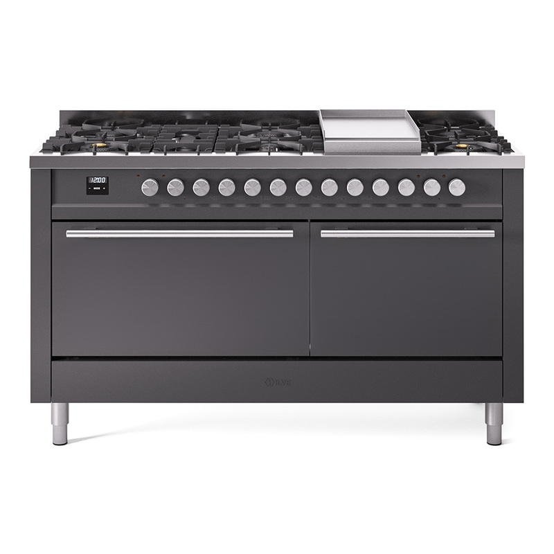 ILVE UP60FQMPMG Professional Plus II 60 inch Dual Fuel Range  (9 Sealed Burners + Griddle, Natural Gas, Solid Door, Graphite Matte)