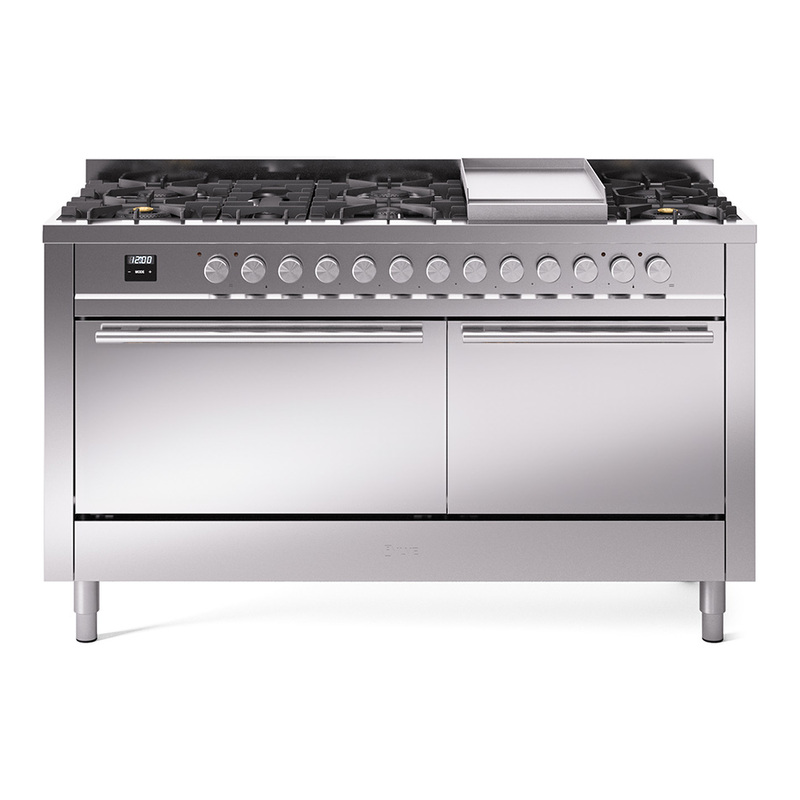 ILVE UP60FQMPSSLP Professional Plus II 60 inch Dual Fuel Range  (9 Sealed Burners + Griddle, Liquid Propane, Solid Door, Stainless Steel)