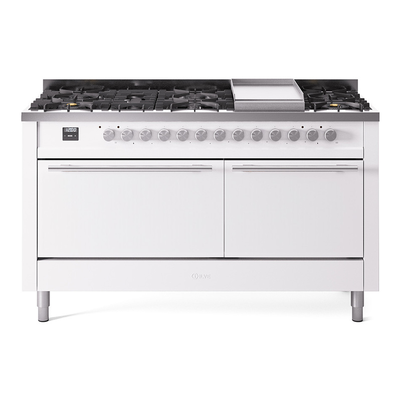 ILVE UP60FQMPWH Professional Plus II 60 inch Dual Fuel Range  (9 Sealed Burners + Griddle, Natural Gas, Solid Door, White)