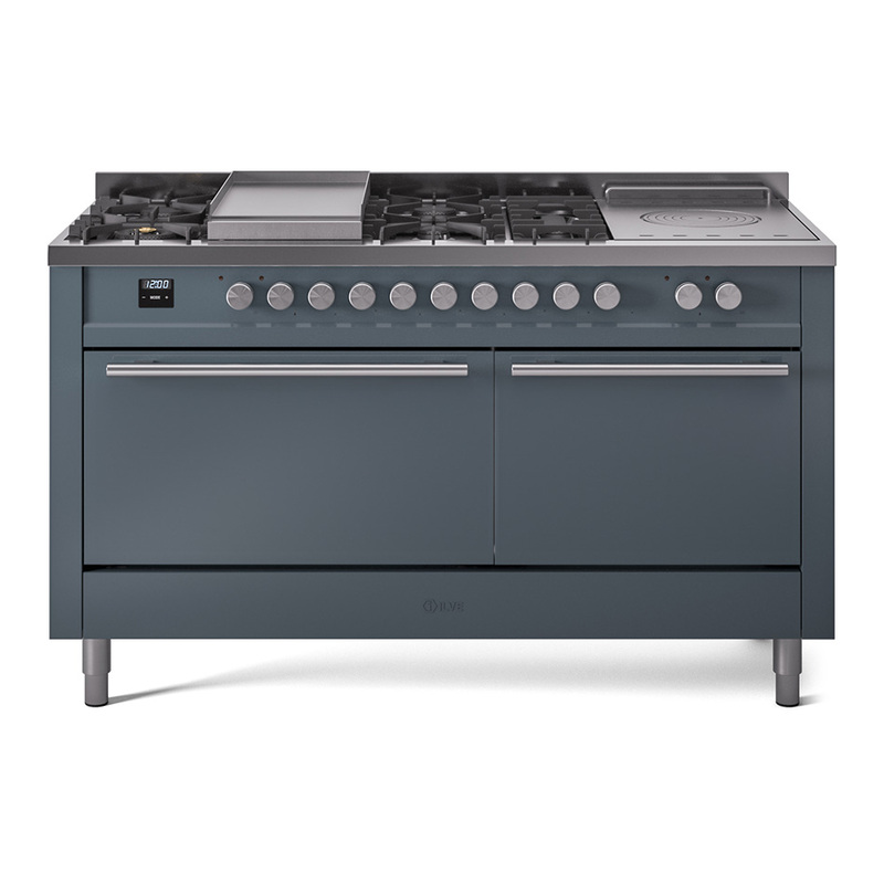 ILVE UP60FSQMPBGLP Professional Plus II 60 inch Dual Fuel Range  (7 Sealed Burners + Griddle + French Top, Liquid Propane, Solid Door, Blue Grey)