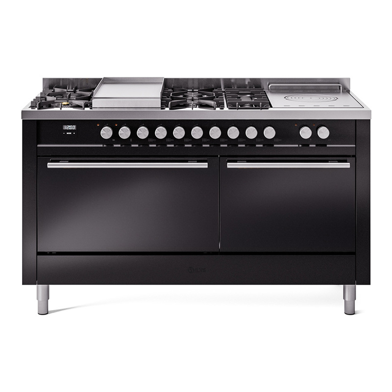 ILVE UP60FSQMPBK Professional Plus II 60 inch Dual Fuel Range  (7 Sealed Burners + Griddle + French Top, Natural Gas, Solid Door, Glossy Black)
