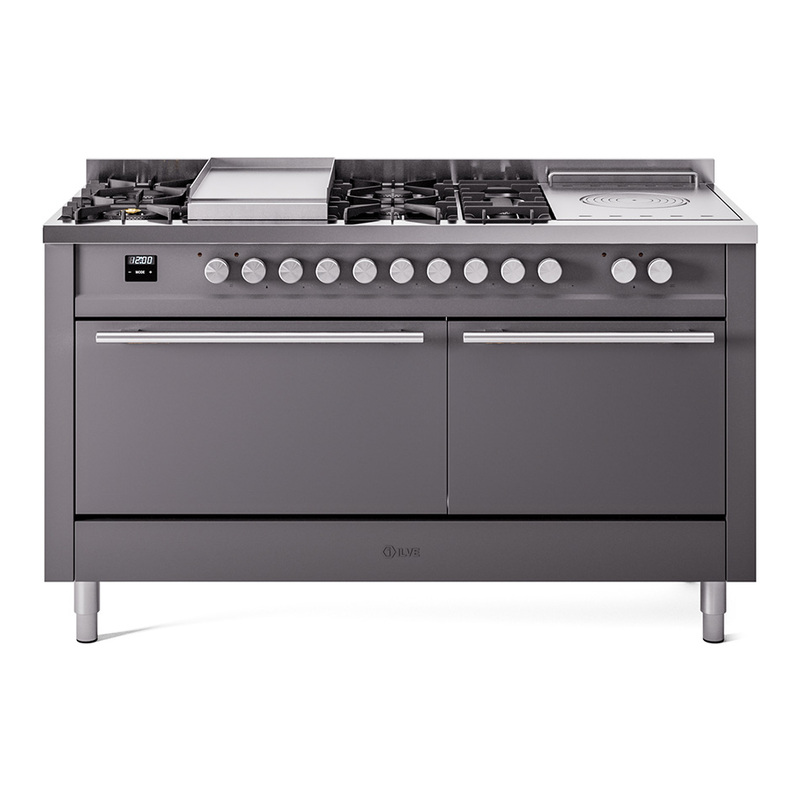 ILVE UP60FSQMPMG Professional Plus II 60 inch Dual Fuel Range  (7 Sealed Burners + Griddle + French Top, Natural Gas, Solid Door, Graphite Matte)