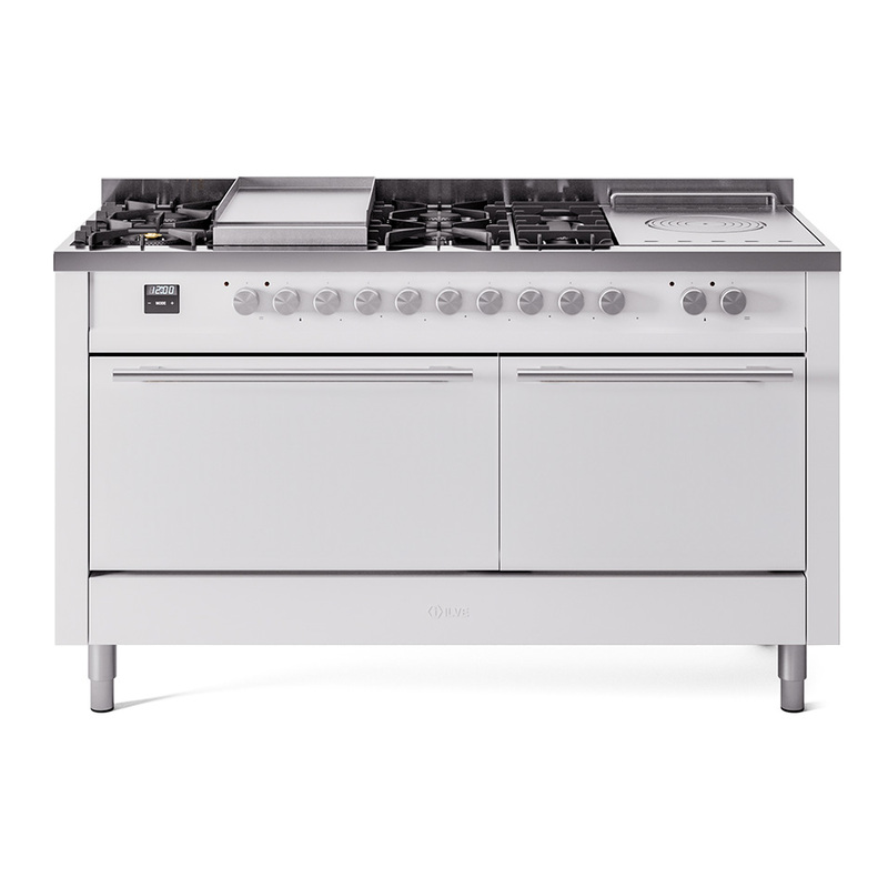 ILVE UP60FSQMPWHLP Professional Plus II 60 inch Dual Fuel Range  (7 Sealed Burners + Griddle + French Top, Liquid Propane, Solid Door, White)