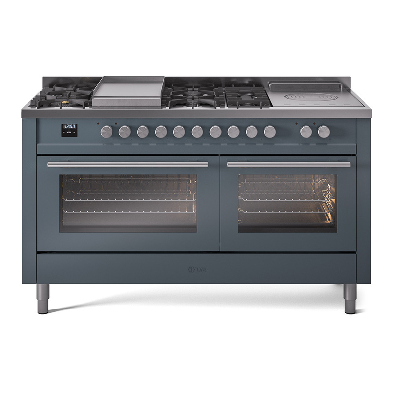 ILVE UP60FSWMPBGLP Professional Plus II 60 inch Dual Fuel Range  (7 Sealed Burners + Griddle + French Top, Liquid Propane, Triple Glass Door, Blue Grey)