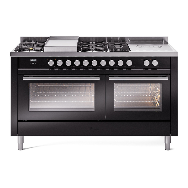 ILVE UP60FSWMPBK Professional Plus II 60 inch Dual Fuel Range  (7 Sealed Burners + Griddle + French Top, Natural Gas, Triple Glass Door, Glossy Black)