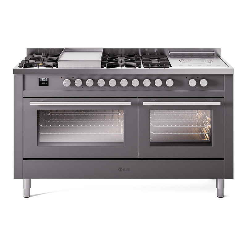 ILVE UP60FSWMPMGLP Professional Plus II 60 inch Dual Fuel Range  (7 Sealed Burners + Griddle + French Top, Liquid Propane, Triple Glass Door, Graphite Matte)