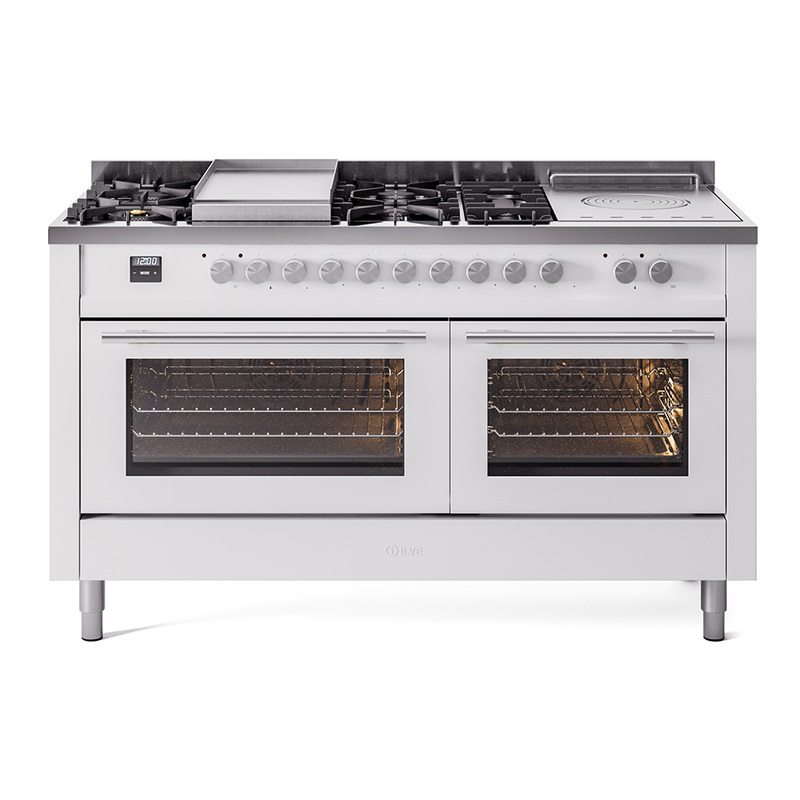 ILVE UP60FSWMPWH Professional Plus II 60 inch Dual Fuel Range  (7 Sealed Burners + Griddle + French Top, Natural Gas, Triple Glass Door, White)