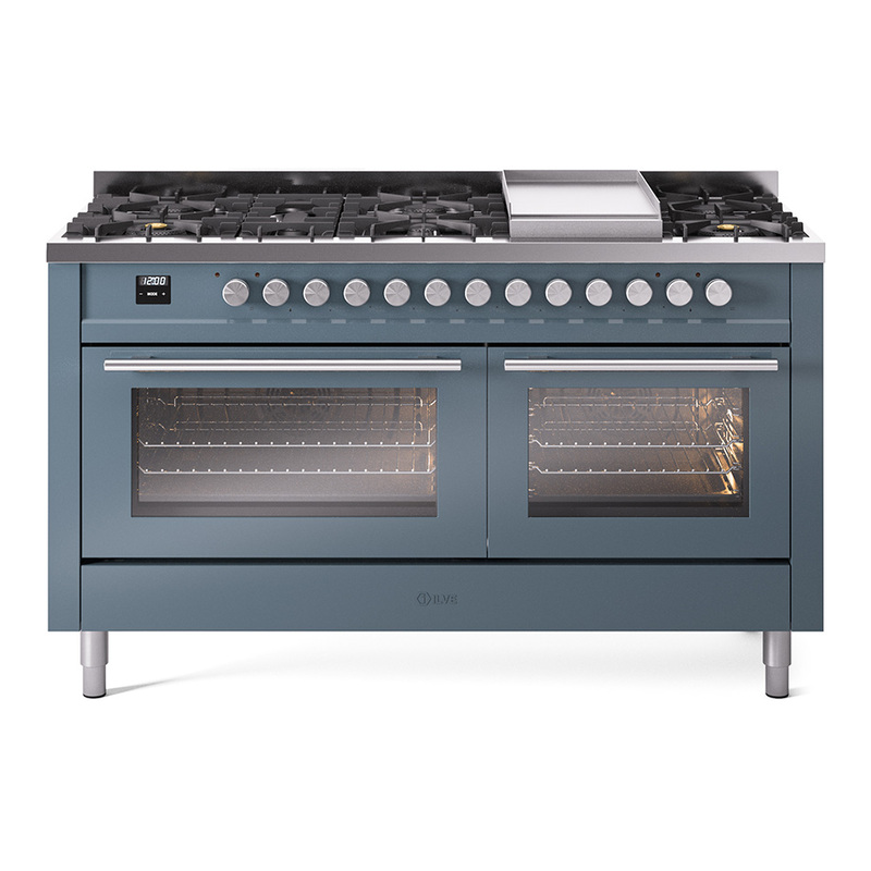 ILVE UP60FWMPBG Professional Plus II 60 inch Dual Fuel Range  (9 Sealed Burners + Griddle, Natural Gas, Triple Glass Door, Blue Grey)