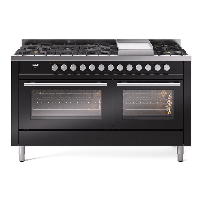 ILVE UP60FWMPBK Professional Plus II 60 inch Dual Fuel Range  (9 Sealed Burners + Griddle, Natural Gas, Triple Glass Door, Glossy Black)
