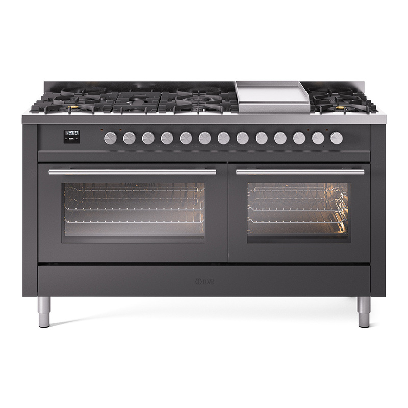 ILVE UP60FWMPMGLP Professional Plus II 60 inch Dual Fuel Range  (9 Sealed Burners + Griddle, Liquid Propane, Triple Glass Door, Graphite Matte)