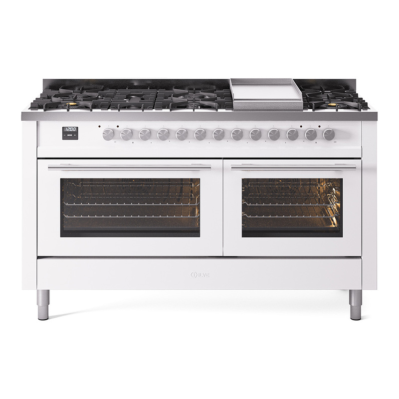 ILVE UP60FWMPWH Professional Plus II 60 inch Dual Fuel Range  (9 Sealed Burners + Griddle, Natural Gas, Triple Glass Door, White)