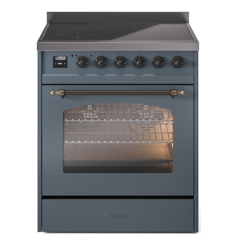 ILVE UPI304NMPBGB Nostalgie II 30 inch Induction Range (Triple Glass Door, Blue Grey, Burnished)