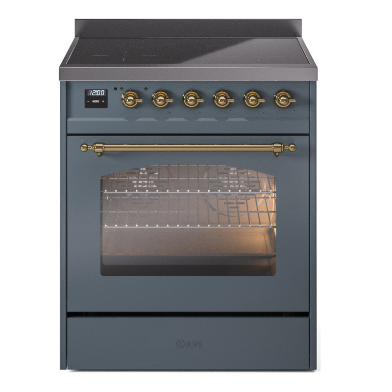 ILVE UPI304NMPBGG Nostalgie II 30 inch Induction Range (Triple Glass Door, Blue Grey, Brass)
